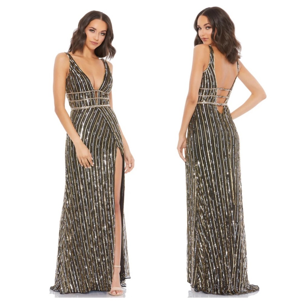 MAC DUGGAL METALLIC EMBELLISHED PLUNGE NECK OPEN BACK GOWN SIZE 10 BLACK GOLD